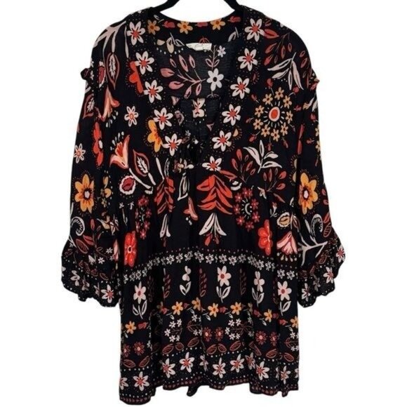 Easel Black and Floral V-Neck Babydoll Ruffle Blouse Boho Peasant Fall Holiday L - Picture 2 of 11